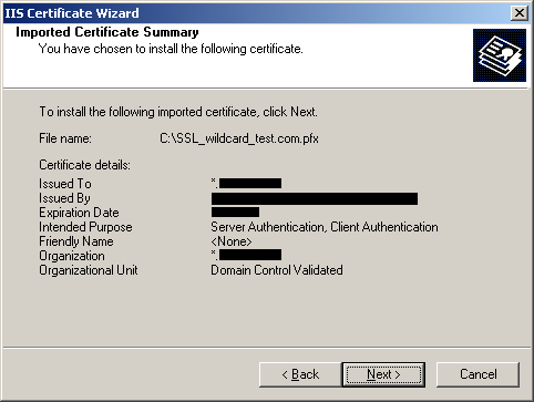 Imported Certificate Summary
